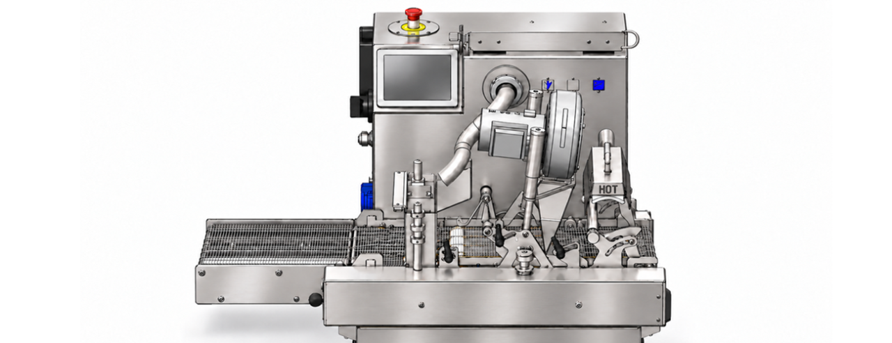 Detailweergave van de BETEC MTE 15-240 enrobeerband met een grillebreedte van 240 mm, ontworpen voor het gelijkmatig overtrekken van chocoladeproducten met getempereerde chocolade.