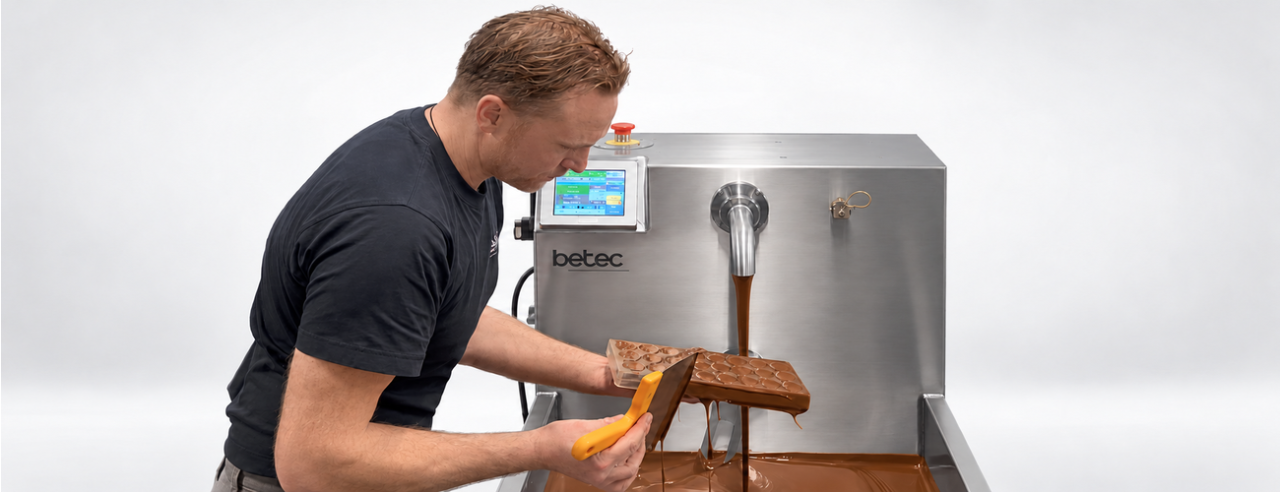 An operator fills a chocolate mould with tempered milk chocolate using a BETEC MT tempering machine and scrapes excess chocolate from the mould for an even finish during the moulding process.