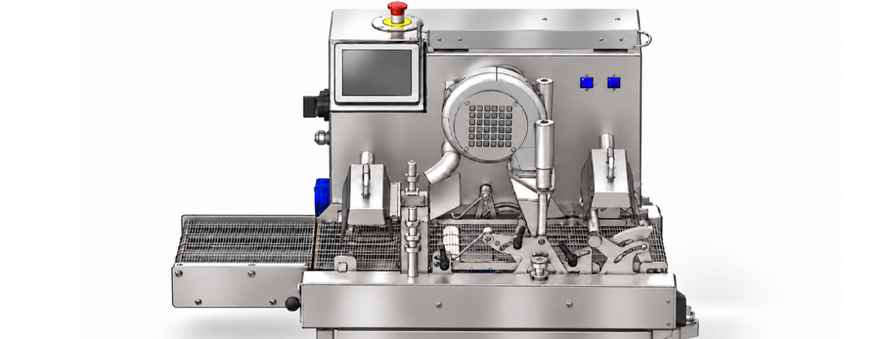 Detailweergave van de BETEC MTE 35-300 enrobeerband met een grillebreedte van 300 mm, geschikt voor het continu en gelijkmatig overtrekken van uiteenlopende producten met getempereerde chocolade.