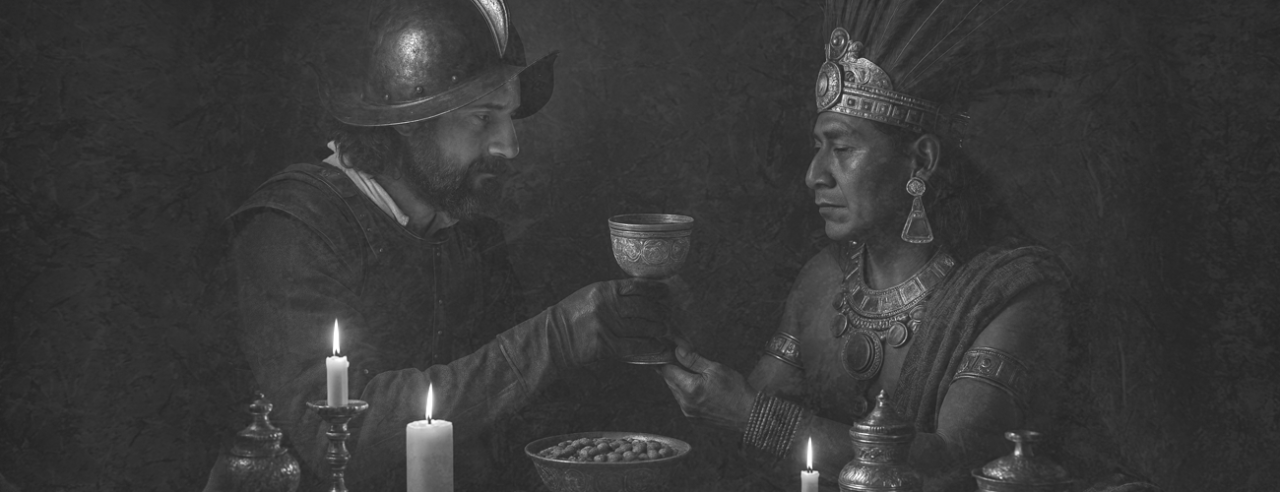 Historic moment with Hernán Cortés and Aztec emperor Montezuma around 1519, depicted in a palace setting with cacao, golden goblets, and traditional clothing. Symbolic encounter between the Spanish conquistadors and the Aztec civilization. Discover the origins of chocolate in Mesoamerica and the introduction of cacao in Europe. Perfect visual support for content about the history of chocolate, colonial exchanges, and Aztec rituals.