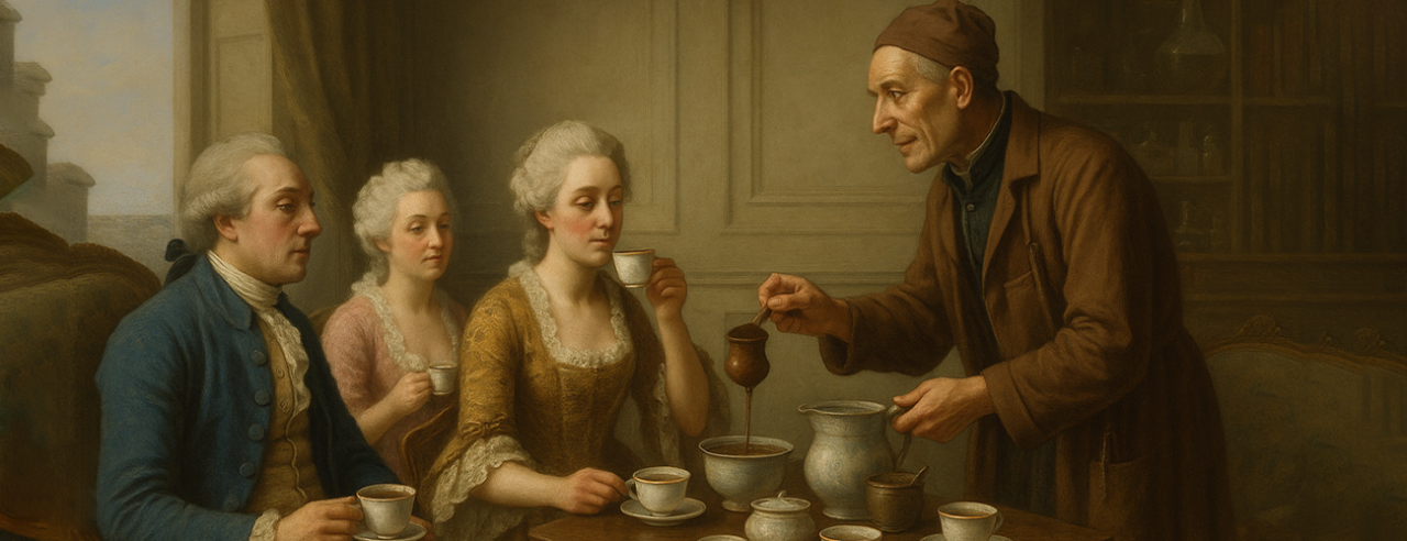 18th-century scene with aristocrats drinking hot chocolate, served by an apothecary in traditional clothing. Historical setting referring to the European introduction of cacao as a luxury and medicinal product. Lighting and costumes in Baroque style, with a reference to the origins of Belgian chocolate culture and the evolution toward pralines. Ideal for content about the history of chocolate, the apothecary tradition, and early modern chocolate applications.