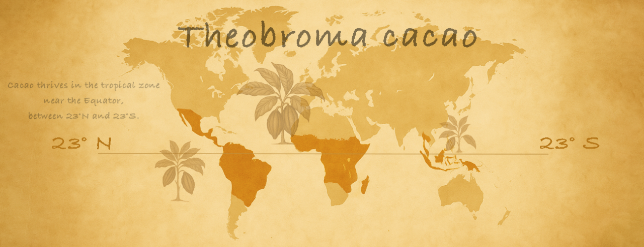 Cacao plants (Theobroma cacao) grow in regions with a tropical climate near the equator. Cacao cultivation mainly occurs between 23 degrees north and 23 degrees south latitude. The main producing regions include West Africa (such as Ivory Coast, Ghana, and Nigeria), Central and South America (including Brazil, Ecuador, and Peru) and Southeast Asia (such as Indonesia and the Philippines). These regions provide the warm, humid climate and regular rainfall needed for the optimal growth of cacao beans. The global cacao belt makes it possible to produce cacao year-round for the chocolate industry.