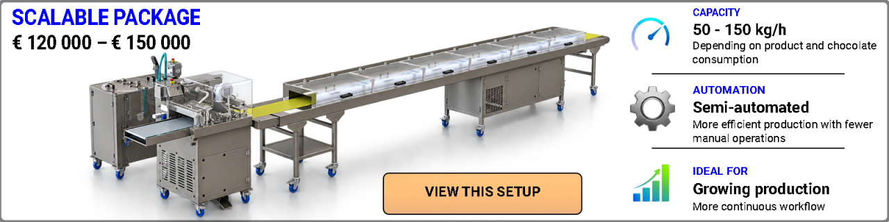 Discover expandable BETEC chocolate enrobing lines with capacities of approximately 50–150 kg/h, designed for growing production with increased capacity, efficient product flow and options for further automation.