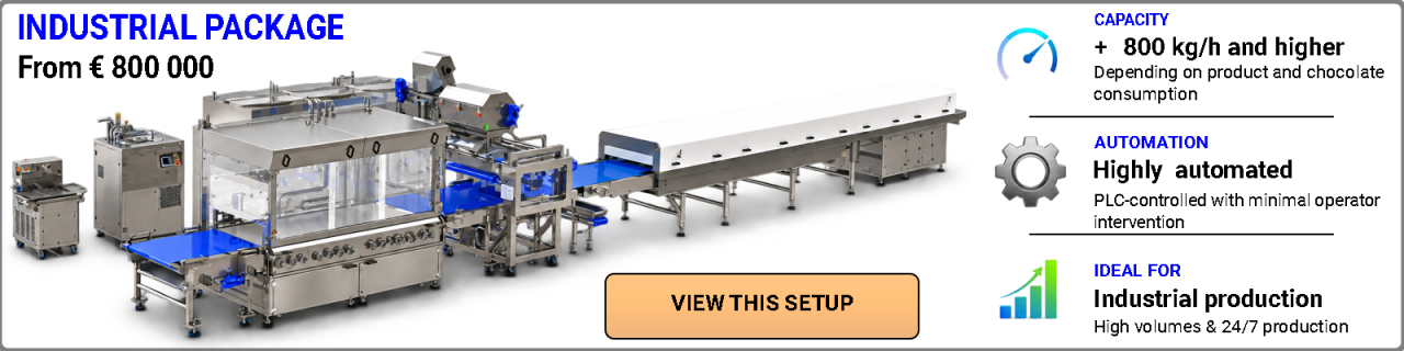 Discover industrial BETEC chocolate enrobing lines from approximately 800 kg/h, designed for high-volume production, advanced automation, continuous operation and integration into industrial chocolate production lines.
