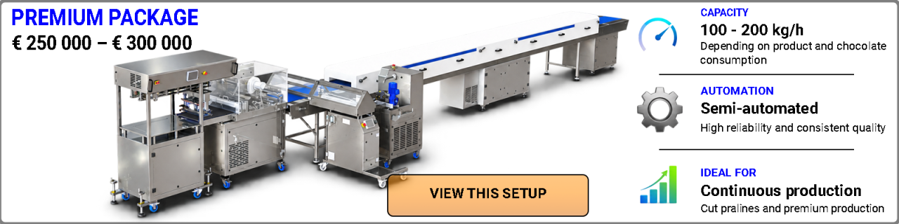 Discover premium BETEC chocolate enrobing lines with capacities of approximately 100–200 kg/h, designed for continuous production, stable tempering, uniform enrobing quality and high reliability.