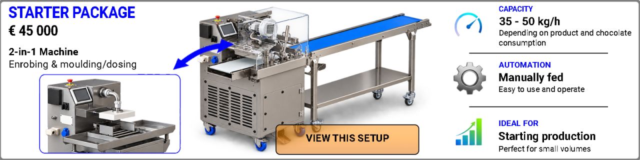 Discover compact BETEC entry-level chocolate enrobing lines with capacities of approximately 35–50 kg/h, ideal for start-up production, small volumes and flexible chocolate tempering, enrobing and moulding.