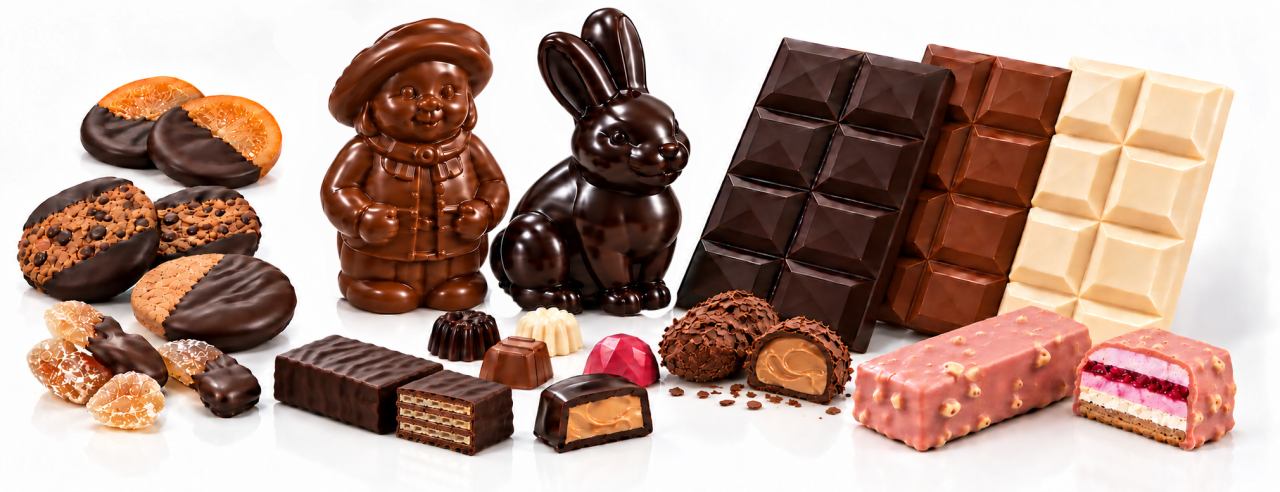 Examples of products that can be made with the BETEC MBE 35-300 enrobing package comprising a wheel machine, enrobing belt, TOC take-off conveyor and vibrating table. The assortment shows biscuits, waffles, pralines and candied orange slices fully or partially coated with chocolate, alongside moulded chocolate products such as moulded pralines, filled chocolate bars and hollow figures. The coated cake illustrates enrobing with coloured chocolate containing small inclusions, such as finely chopped nuts. The MBE 35-300 combines manual chocolate tempering, enrobing, manual moulding and dipping with one core unit. The wheel transports the mass without a chocolate pump or internal chocolate pipework, making the machine easy to clean and suitable for processing chocolate, compound coatings and suitable masses containing small inclusions.
