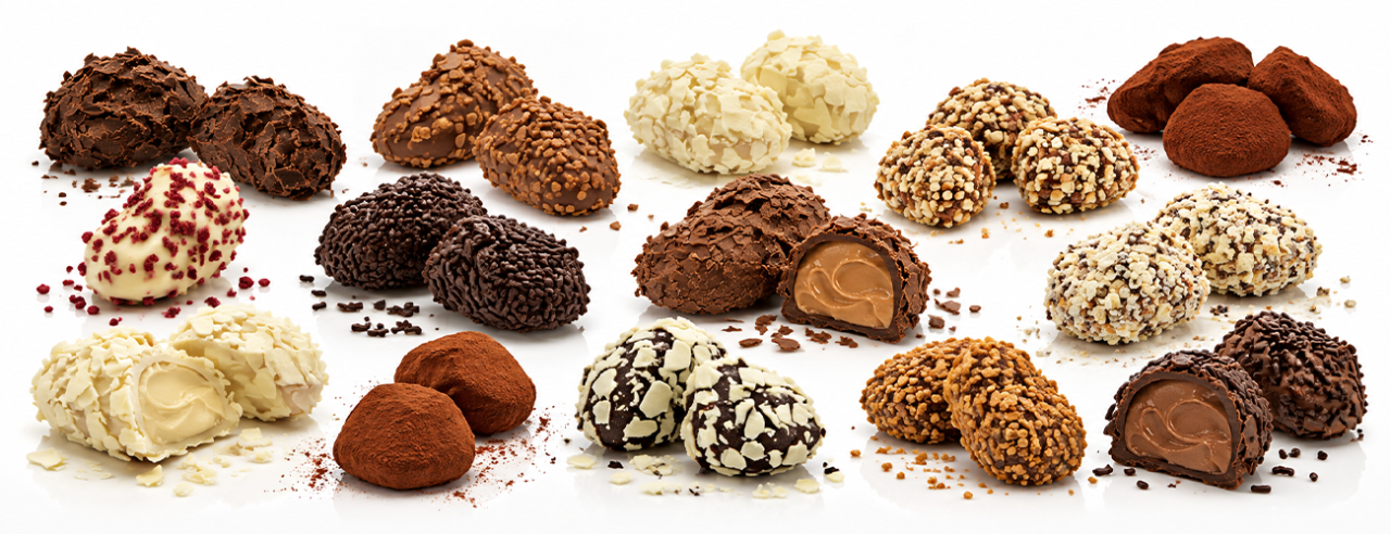 Assortiment chocoladetruffels met verschillende afwerkingen en decoraties, waaronder cacaopoeder, chocoladeschilfers, witte chocoladeschilfers, nootgranulaat, kokos en andere droge decoraties. De afbeelding toont verschillende voorbeelden van volledig met chocolade geënrobeerde truffels die na het enroberen rondom worden afgewerkt. Voorbeelden van truffelproducten die geproduceerd en afgewerkt kunnen worden met een compacte BETEC truffellijn voor het automatisch tempereren van chocolade, enroberen van truffels en aansluitend afwerken op een roterende afwerkingstafel.
