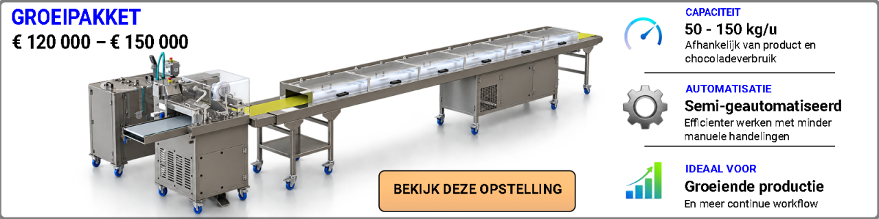 Ontdek uitbreidbare BETEC enrobeerlijnen voor groeiende chocoladeproductie van circa 50–150 kg/u, met meer capaciteit, efficiëntere productdoorstroming en mogelijkheden voor verdere automatisering.