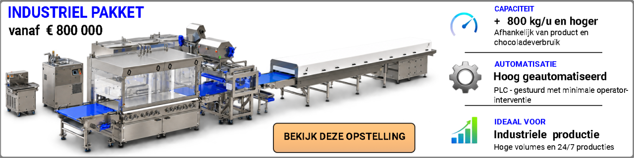 Ontdek industriële BETEC chocolade-enrobeerlijnen vanaf circa 800 kg/u, ontwikkeld voor hoge productievolumes, verregaande automatisering, continue productie en integratie in industriële chocoladeproductielijnen.